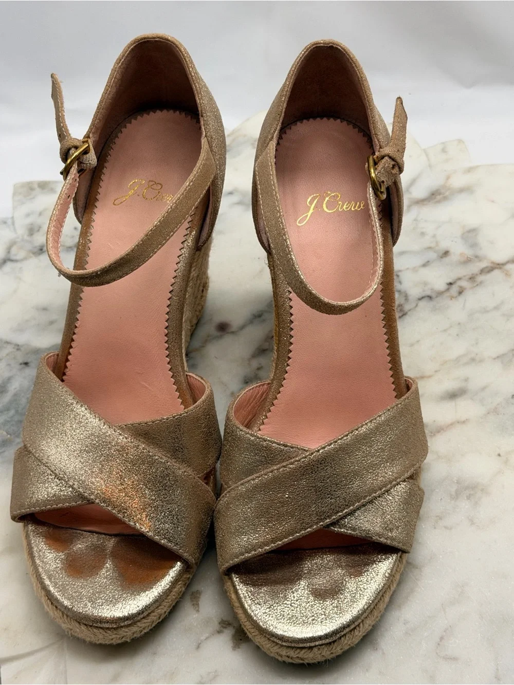 J.Crew Gold Metallic Suede Ankle Strap Espadrille Wedge Sandals Women Size 6.5